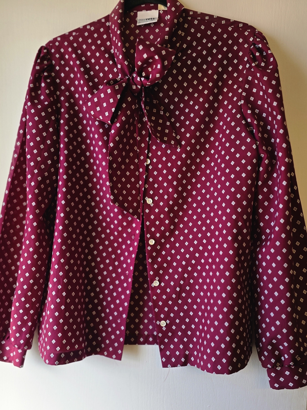 Vintage Russ Togs Diamond-Print Tie-Neck Blouse - Maroon - Picture 2 of 10